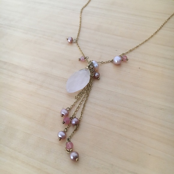 Rose Quartz and Fresh Water Pearl Gold Necklace - Picture 1 of 5